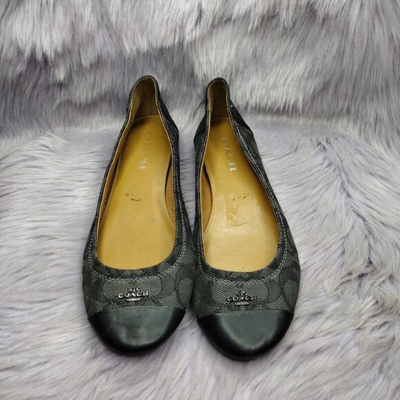 Coach Chelsea Ballet Leather Canvas Flats Shoes Women's Sz 8 Black Smoke C Logo - Picture 1 of 8